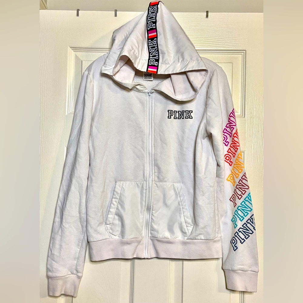 VS PINK PERFECT FULL ZIP HOODIE SWEATSHIRT ANORAK JACKET WHITE RAINBOW LOGO